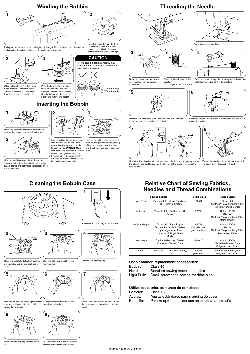 Winding the bobbin inserting the bobbin, Threading the needle, Cleaning the bobbin case | Caution | Brother LS2250PRW User Manual | Page 2 / 2