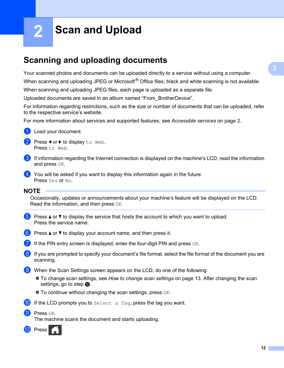 2 scan and upload, Scanning and uploading documents, Scan and upload | Brother ADS-1500W User Manual | Page 15 / 23