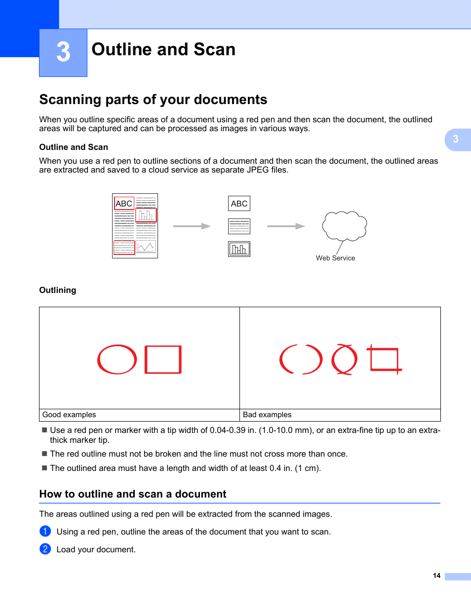 3 outline and scan, Scanning parts of your documents, How to outline and scan a document | Outline and scan | Brother ADS-1500W User Manual | Page 17 / 23