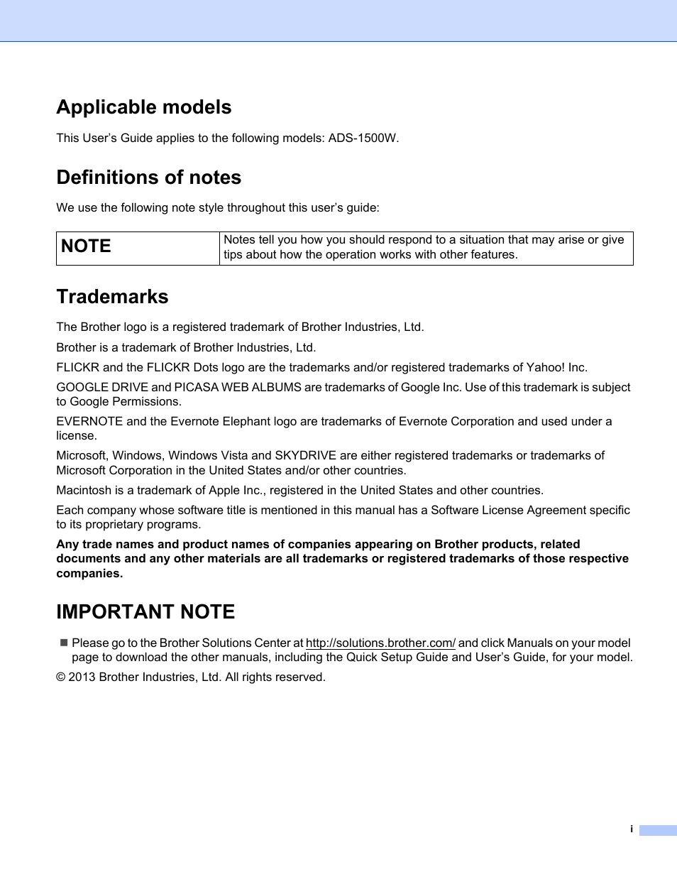 Applicable models, Definitions of notes, Trademarks | Important note | Brother ADS-1500W User Manual | Page 2 / 23