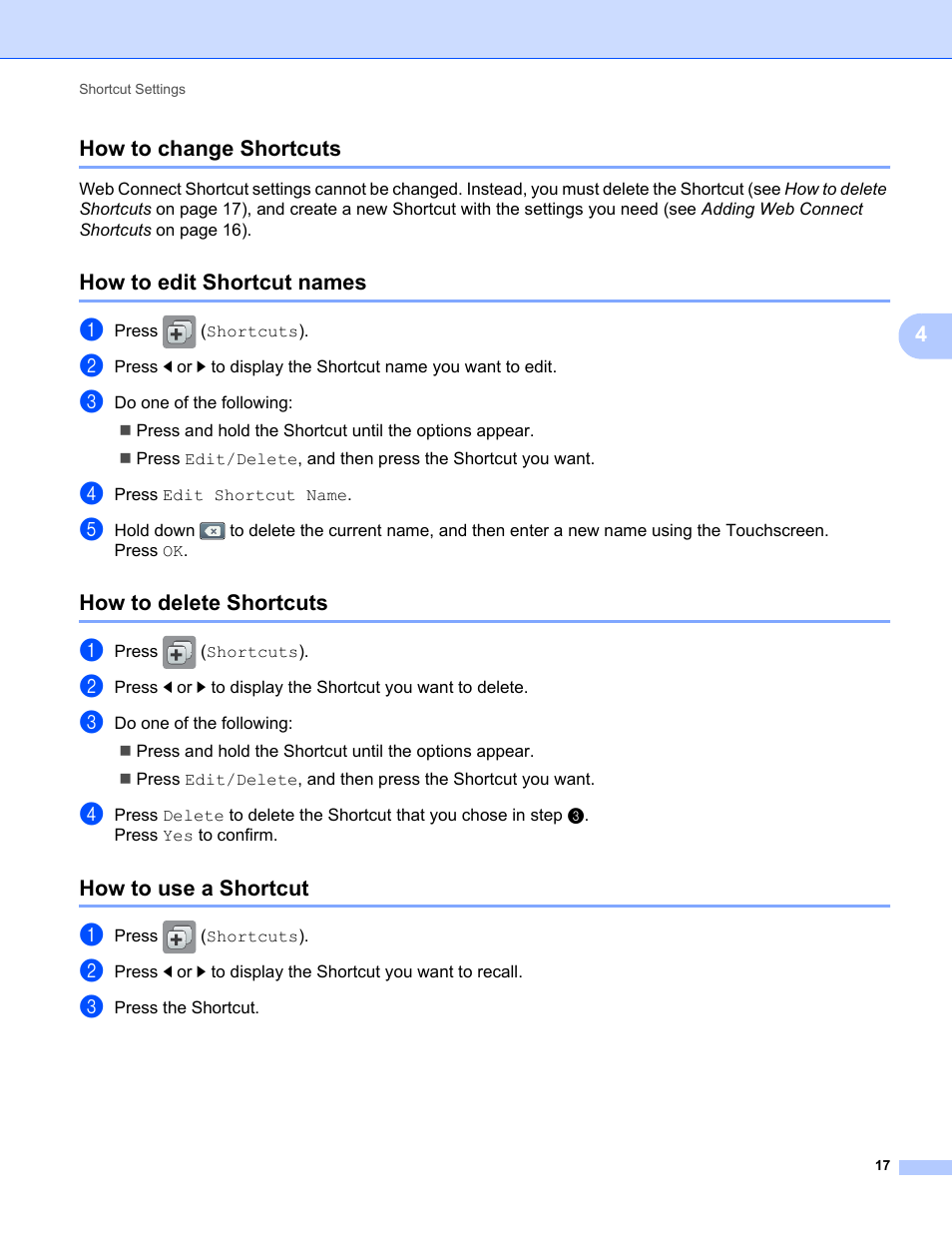 How to change shortcuts, How to edit shortcut names, How to delete shortcuts | How to use a shortcut | Brother ADS-1500W User Manual | Page 20 / 23