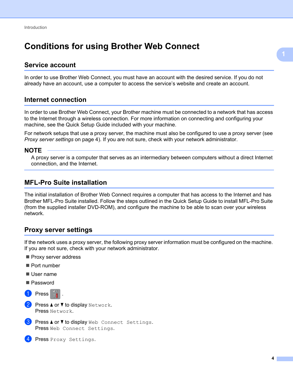Conditions for using brother web connect, Service account, Internet connection | Mfl-pro suite installation, Proxy server settings | Brother ADS-1500W User Manual | Page 7 / 23