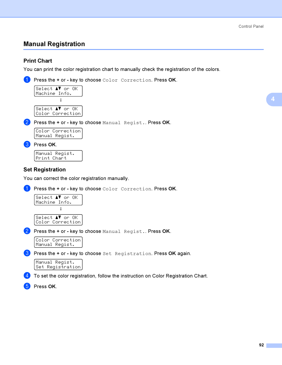 Manual registration, Print chart, Set registration | 4manual registration | Brother HL-4040CDN User Manual | Page 101 / 211