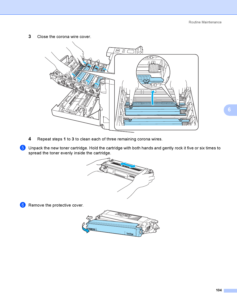 Close the corona wire cover, Remove the protective cover | Brother HL-4040CDN User Manual | Page 113 / 211