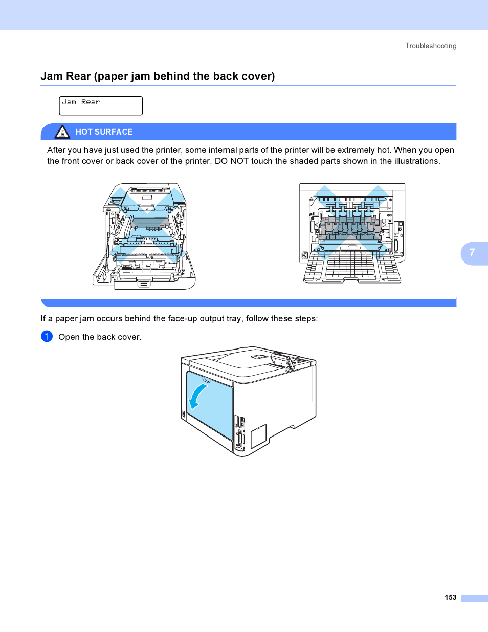 Jam rear (paper jam behind the back cover), 7jam rear (paper jam behind the back cover), Jam rear | Open the back cover, Hot surface | Brother HL-4040CDN User Manual | Page 162 / 211