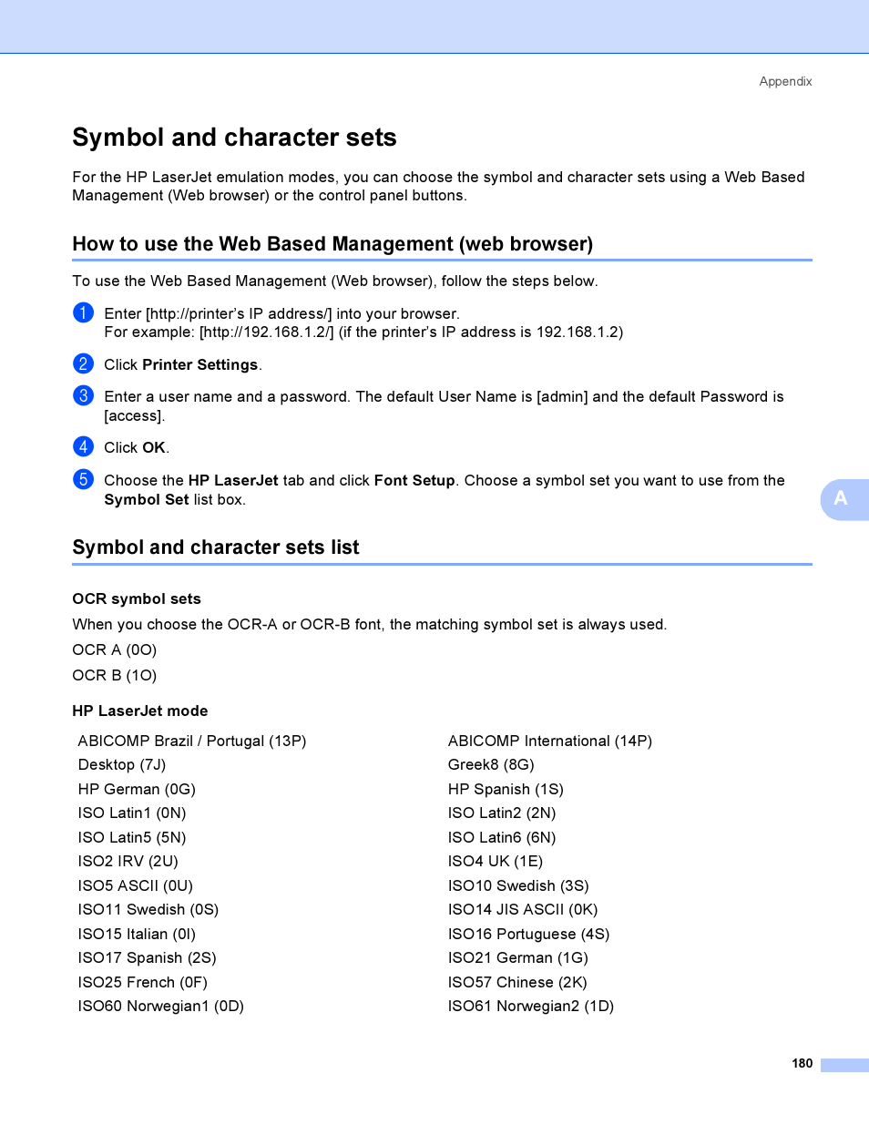 Symbol and character sets, How to use the web based management (web browser), Symbol and character sets list | Brother HL-4040CDN User Manual | Page 189 / 211