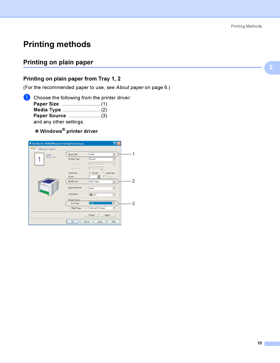 Printing methods, Printing on plain paper, Printing on plain paper from tray 1, 2 | Brother HL-4040CDN User Manual | Page 19 / 211