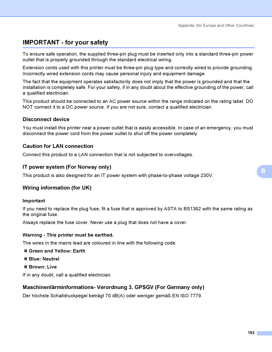 Important - for your safety, Disconnect device, Caution for lan connection | It power system (for norway only), Wiring information (for uk), Bimportant - for your safety | Brother HL-4040CDN User Manual | Page 201 / 211