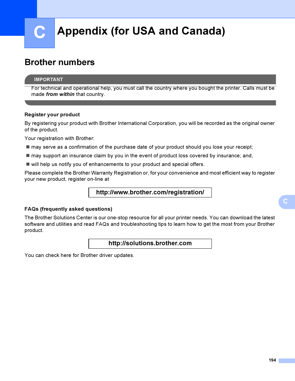 Appendix c (for usa and canada), Brother numbers, Appendix (for usa and canada) | Brother HL-4040CDN User Manual | Page 203 / 211