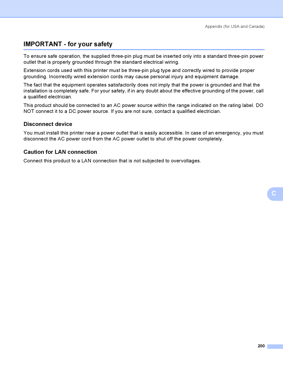 Important - for your safety, Disconnect device, Caution for lan connection | Cimportant - for your safety | Brother HL-4040CDN User Manual | Page 209 / 211