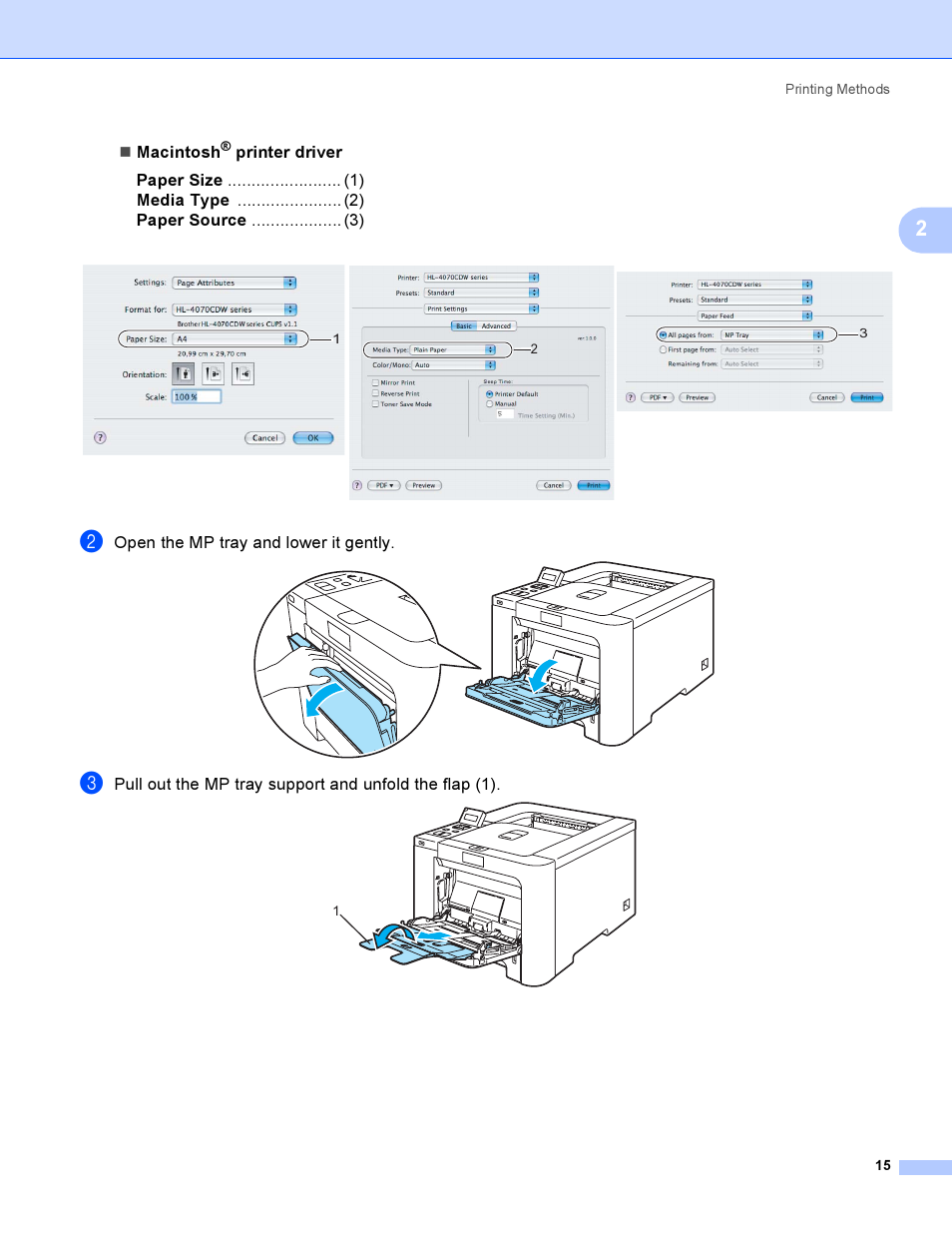 Macintosh, Open the mp tray and lower it gently | Brother HL-4040CDN User Manual | Page 24 / 211