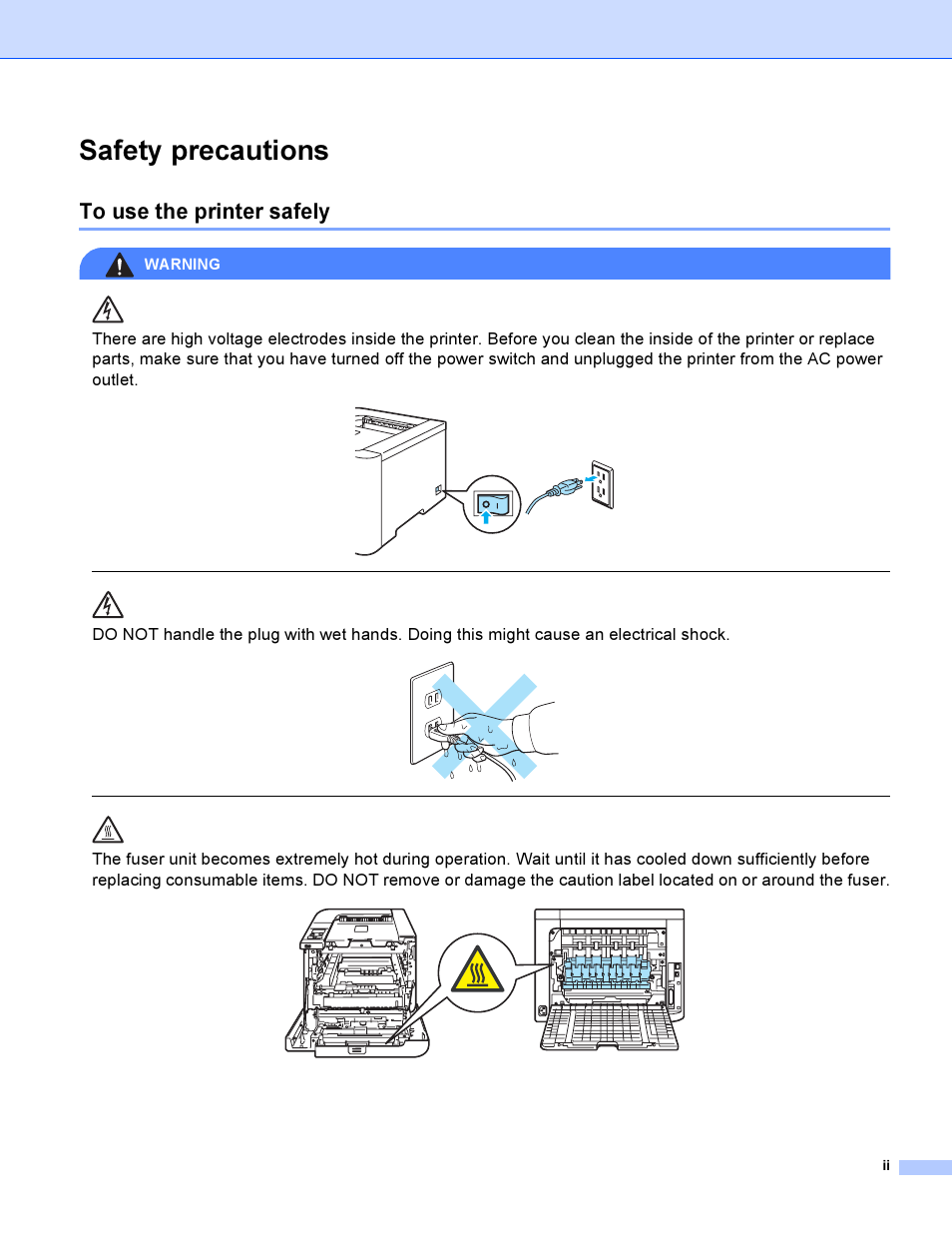 Safety precautions, To use the printer safely, Warning | Brother HL-4040CDN User Manual | Page 3 / 211