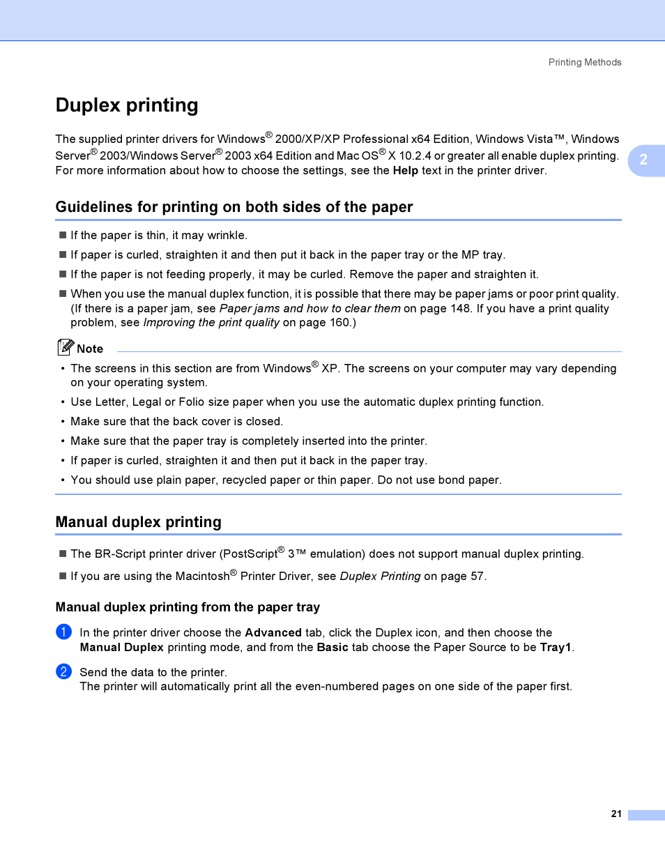 Duplex printing, Guidelines for printing on both sides of the paper, Manual duplex printing | Manual duplex printing from the paper tray | Brother HL-4040CDN User Manual | Page 30 / 211