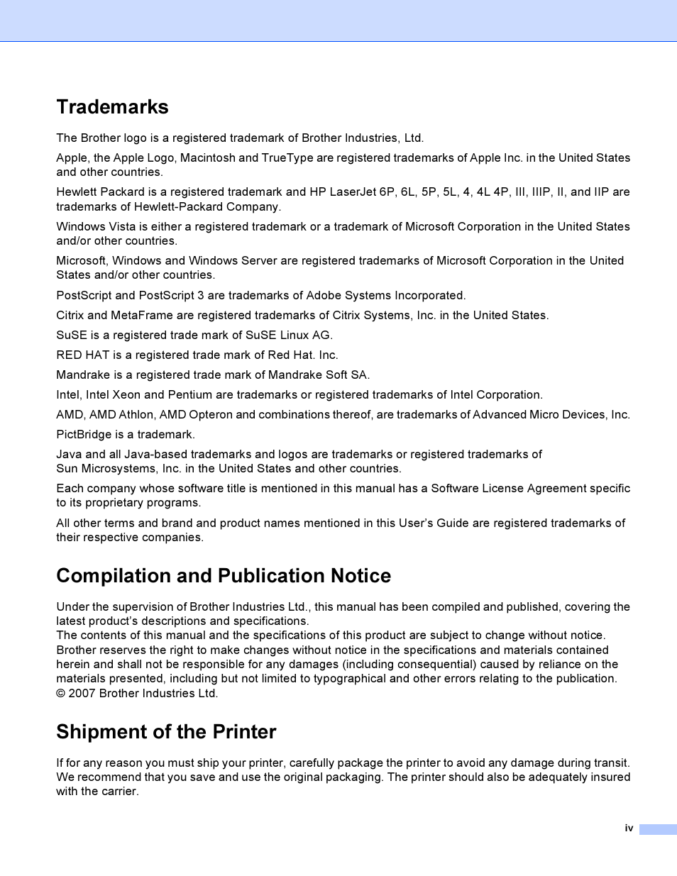 Trademarks, Compilation and publication notice, Shipment of the printer | Brother HL-4040CDN User Manual | Page 5 / 211