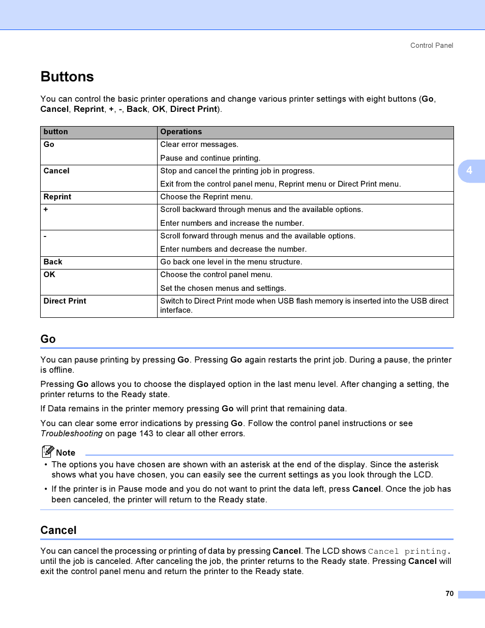 Buttons, Cancel, Go cancel | Brother HL-4040CDN User Manual | Page 79 / 211