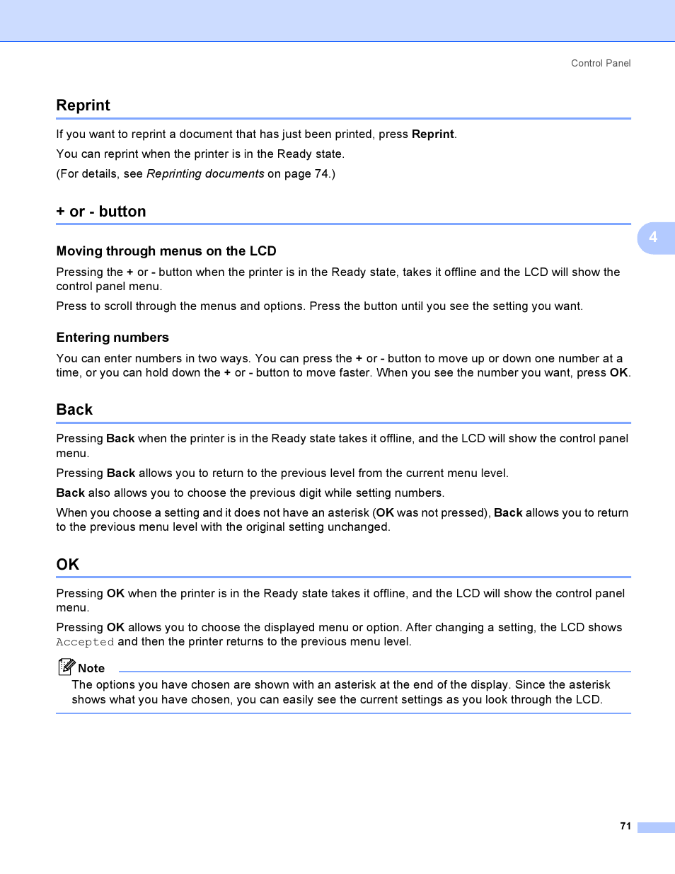 Reprint, Or - button, Moving through menus on the lcd | Entering numbers, Back, Reprint + or - button back ok, 4reprint | Brother HL-4040CDN User Manual | Page 80 / 211