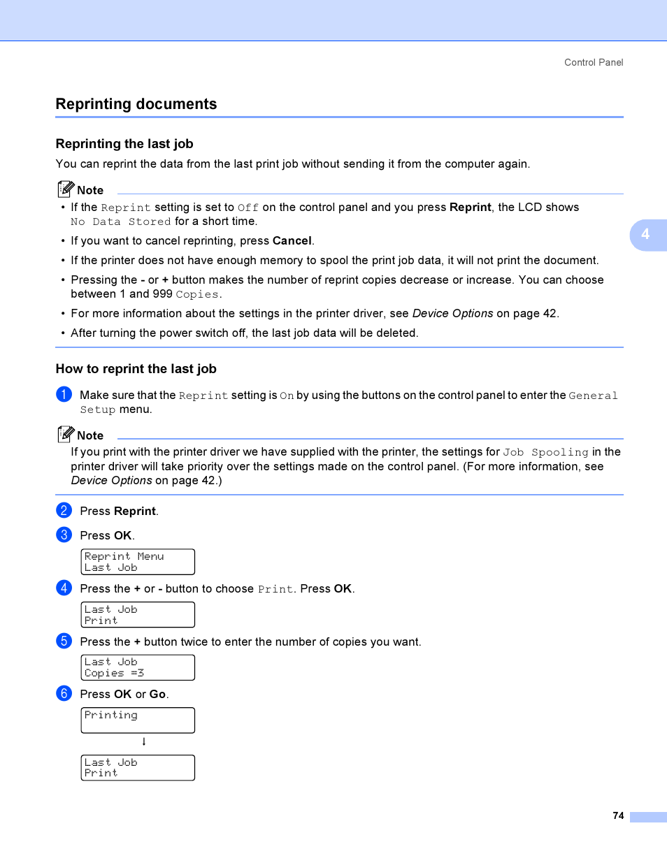 Reprinting documents, Reprinting the last job, How to reprint the last job | 4reprinting documents | Brother HL-4040CDN User Manual | Page 83 / 211