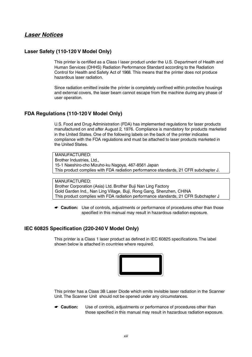 Laser notices | Brother HL-2460 User Manual | Page 14 / 245