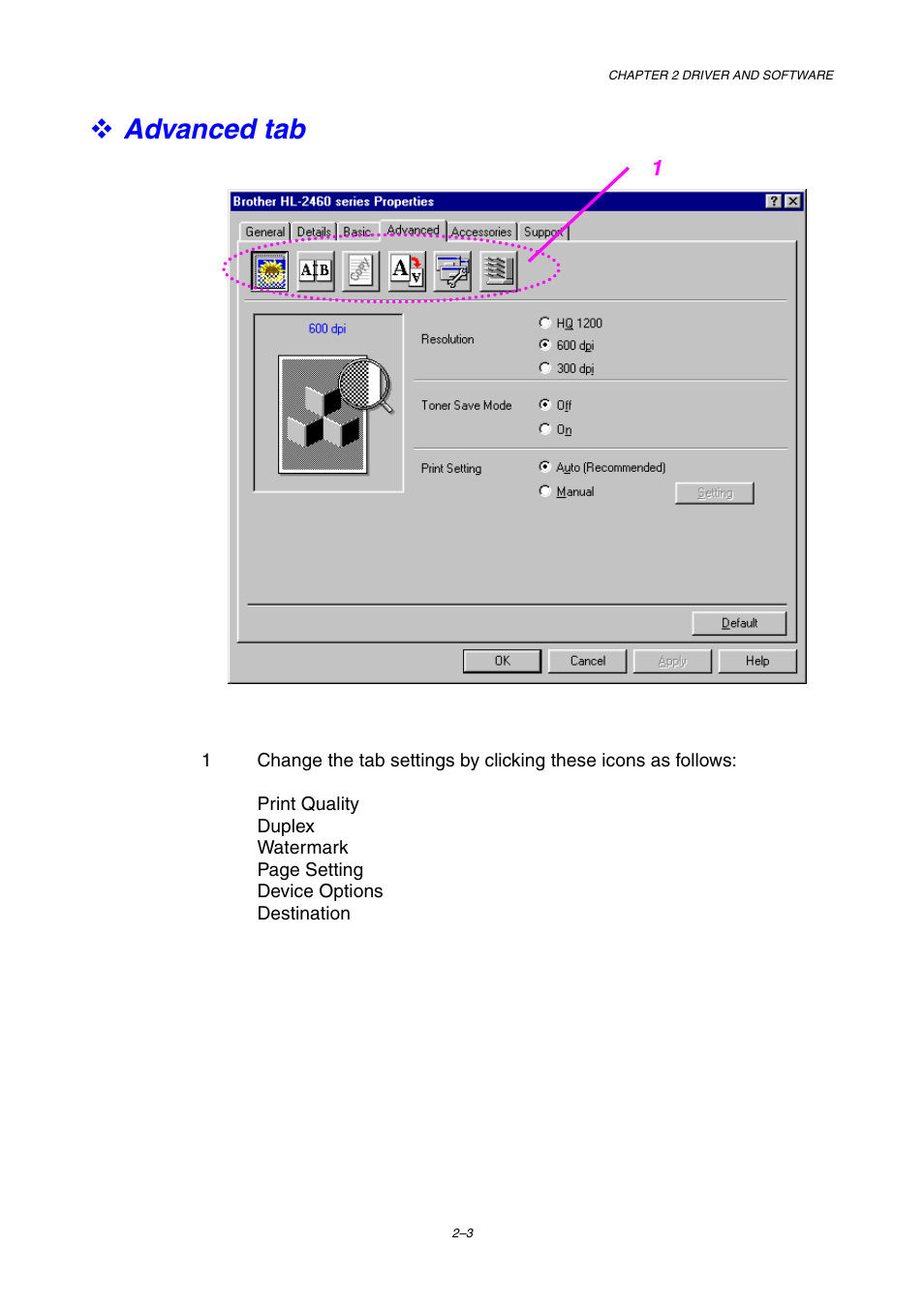 Advanced tab | Brother HL-2460 User Manual | Page 63 / 245