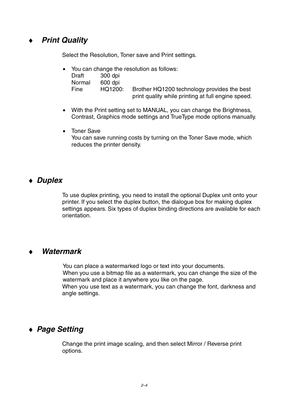 Print quality, Duplex, Watermark | Page setting | Brother HL-2460 User Manual | Page 64 / 245