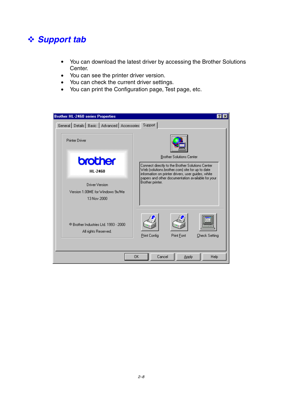 Support tab | Brother HL-2460 User Manual | Page 68 / 245