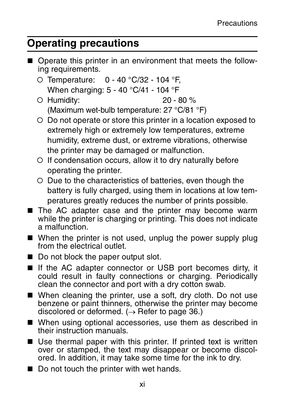 Operating precautions | Brother MW-145BT User Manual | Page 12 / 55