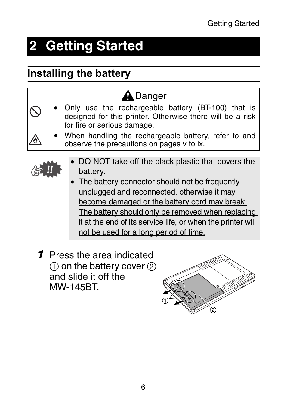 Getting started, Installing the battery, 2 getting started | Brother MW-145BT User Manual | Page 19 / 55