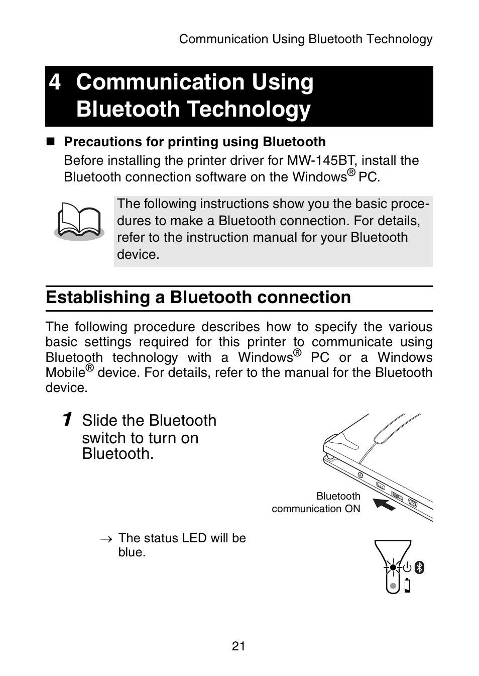 Communication using bluetooth technology, Establishing a bluetooth connection, 4 communication using bluetooth | Technology, 4 communication using bluetooth technology | Brother MW-145BT User Manual | Page 34 / 55