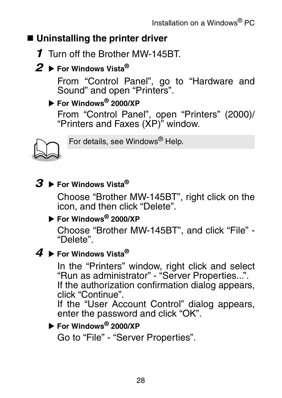 Uninstalling the printer driver, Turn off the brother mw-145bt, Go to “file” - “server properties | Brother MW-145BT User Manual | Page 41 / 55