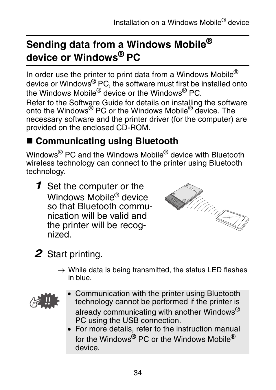 Sending data from a windows mobile, Device or, Windows | Device or windows, Communicating using bluetooth, Set the computer or the windows mobile, Start printing | Brother MW-145BT User Manual | Page 47 / 55