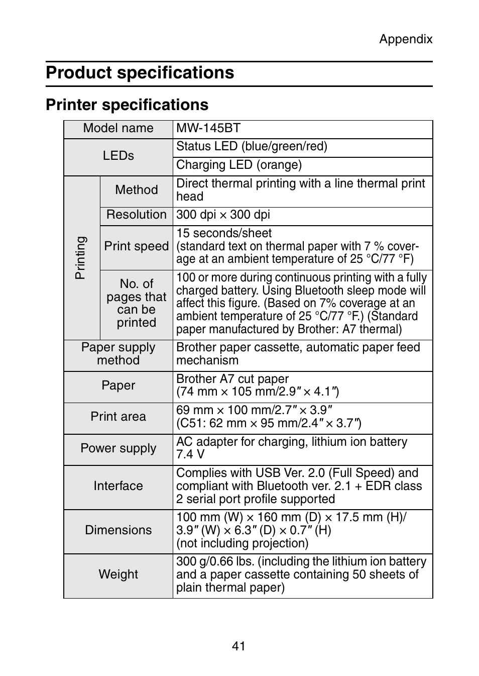 Product specifications, Printer specifications | Brother MW-145BT User Manual | Page 54 / 55