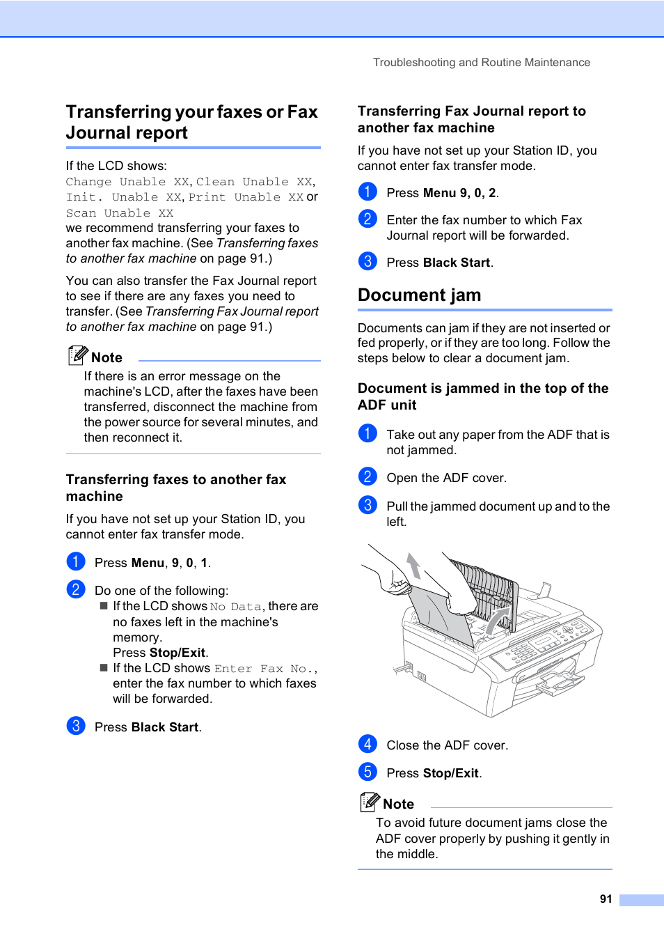 Transferring your faxes or fax journal report, Transferring faxes to another fax machine, Document jam | Document is jammed in the top of the adf unit | Brother MFC-240C User Manual | Page 106 / 149