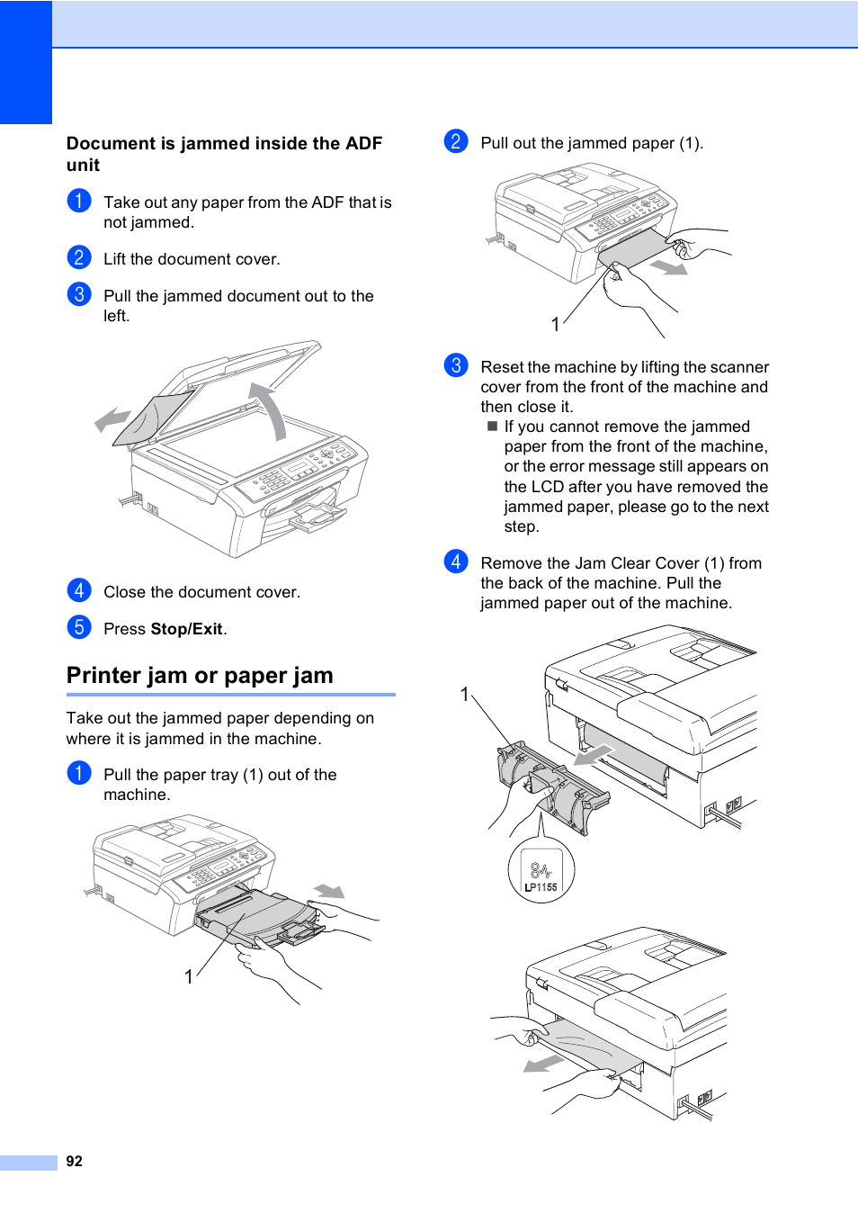 Document is jammed inside the adf unit, Printer jam or paper jam | Brother MFC-240C User Manual | Page 107 / 149