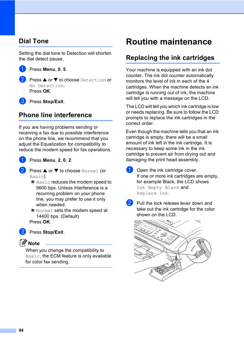 Dial tone, Phone line interference, Routine maintenance | Replacing the ink cartridges, Dial tone phone line interference | Brother MFC-240C User Manual | Page 109 / 149