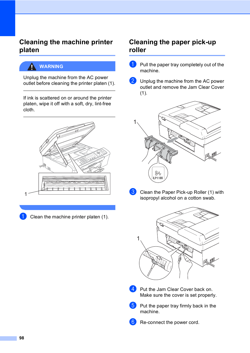 Cleaning the machine printer platen, Cleaning the paper pick-up roller | Brother MFC-240C User Manual | Page 113 / 149