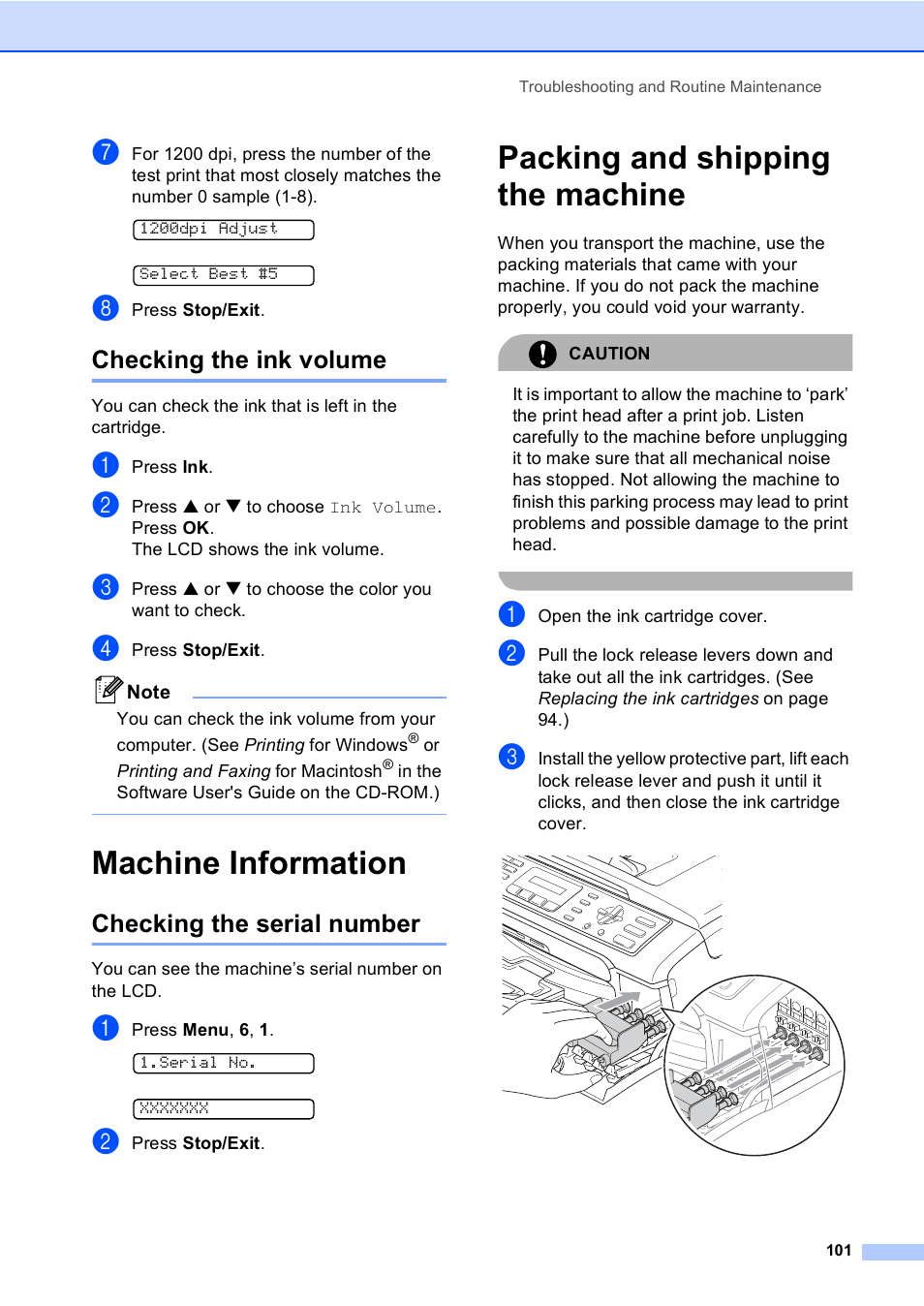 Checking the ink volume, Machine information, Checking the serial number | Packing and shipping the machine | Brother MFC-240C User Manual | Page 116 / 149