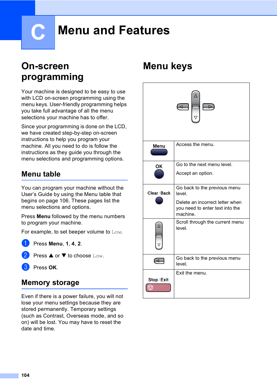 C : menu and features, On-screen programming, Menu table | Memory storage, Menu keys, Menu and features, Menu table memory storage | Brother MFC-240C User Manual | Page 119 / 149