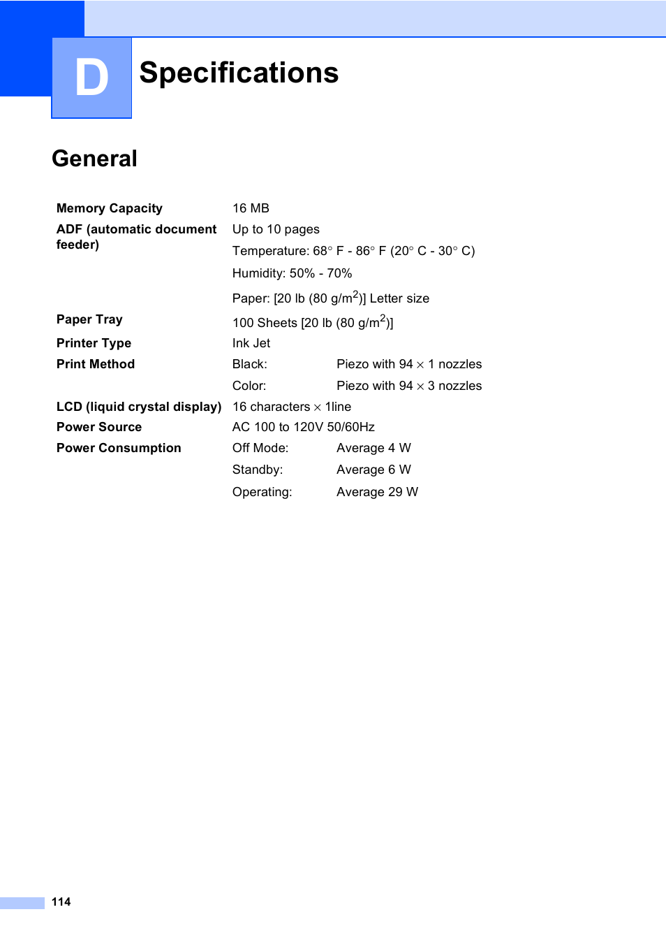 D : specifications, General, Specifications | Brother MFC-240C User Manual | Page 129 / 149