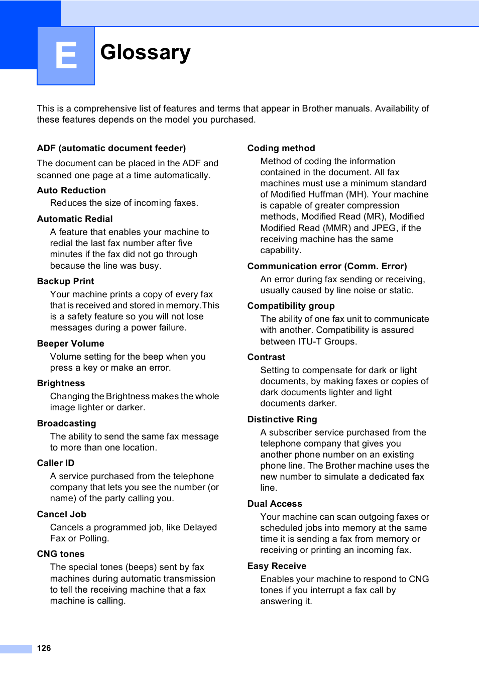 E : glossary, Glossary | Brother MFC-240C User Manual | Page 141 / 149