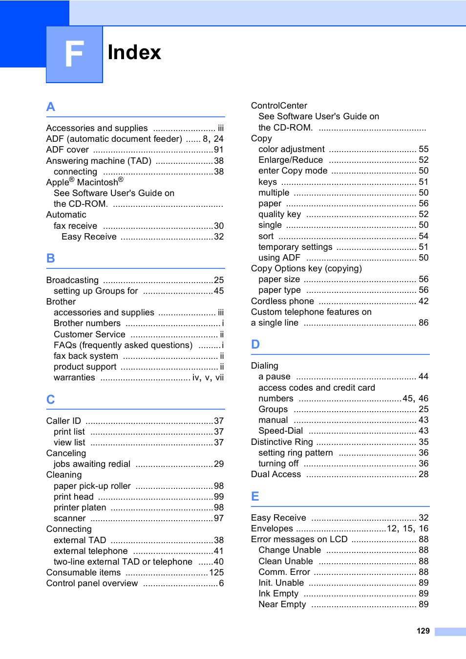 Index | Brother MFC-240C User Manual | Page 144 / 149