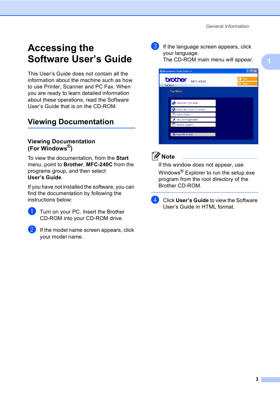 Accessing the software user’s guide, Viewing documentation, Viewing documentation (for windows®) | Brother MFC-240C User Manual | Page 18 / 149