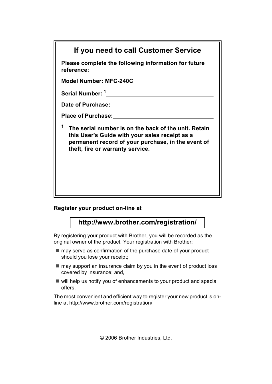 If you need to call customer service | Brother MFC-240C User Manual | Page 2 / 149