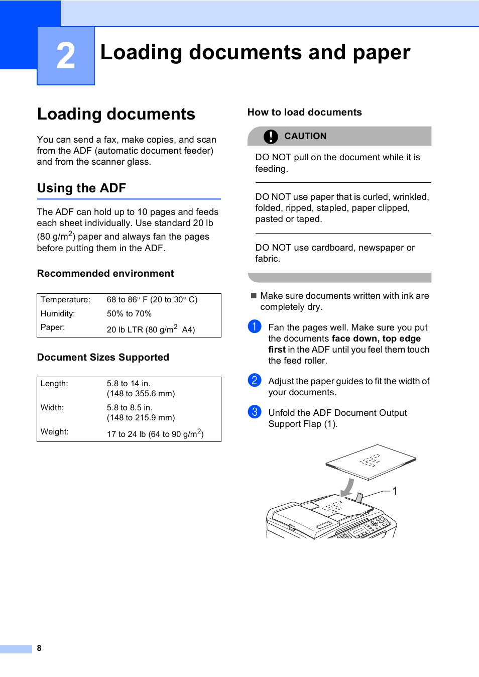 2 loading documents and paper, Loading documents, Using the adf | Recommended environment, Document sizes supported, How to load documents, Loading documents and paper | Brother MFC-240C User Manual | Page 23 / 149