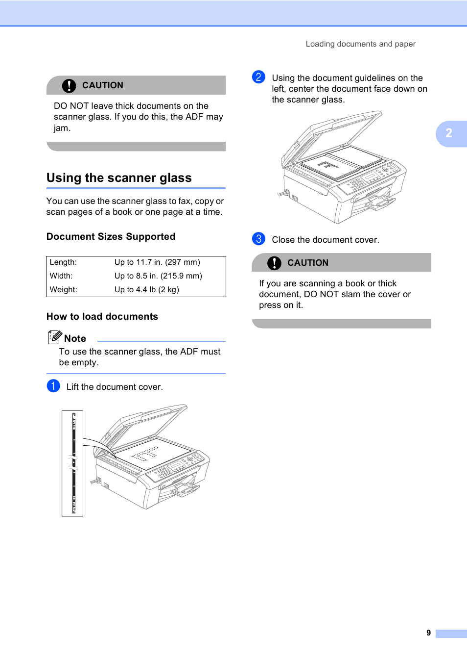 Using the scanner glass, Document sizes supported, How to load documents | Brother MFC-240C User Manual | Page 24 / 149