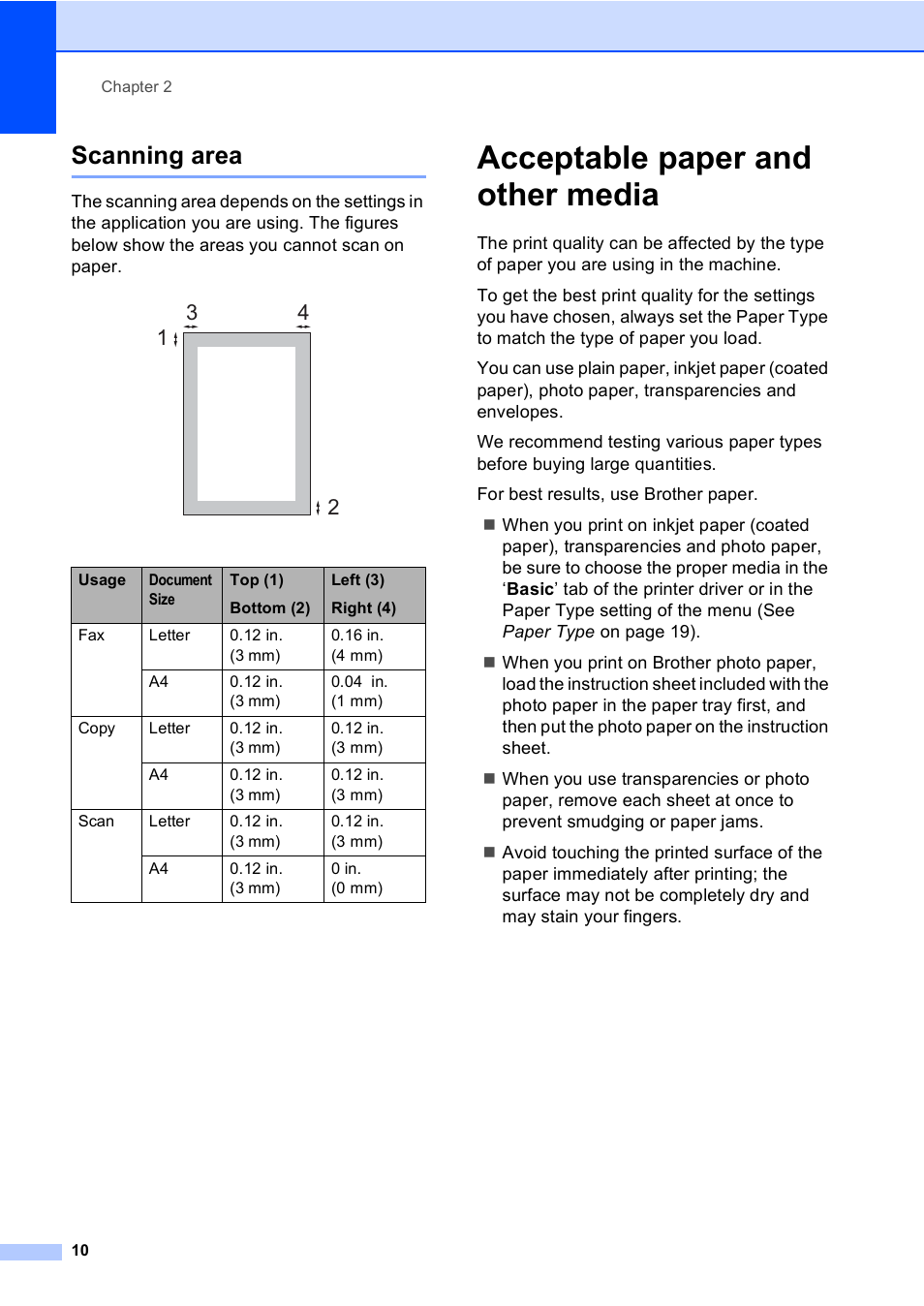 Scanning area, Acceptable paper and other media | Brother MFC-240C User Manual | Page 25 / 149