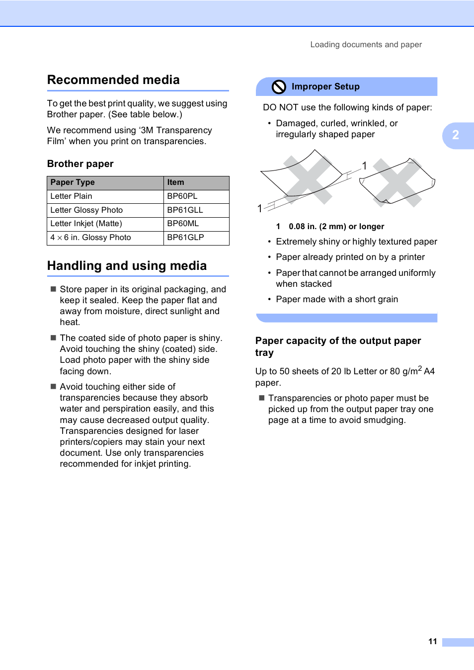 Recommended media, Handling and using media, Paper capacity of the output paper tray | Recommended media handling and using media, 2recommended media | Brother MFC-240C User Manual | Page 26 / 149