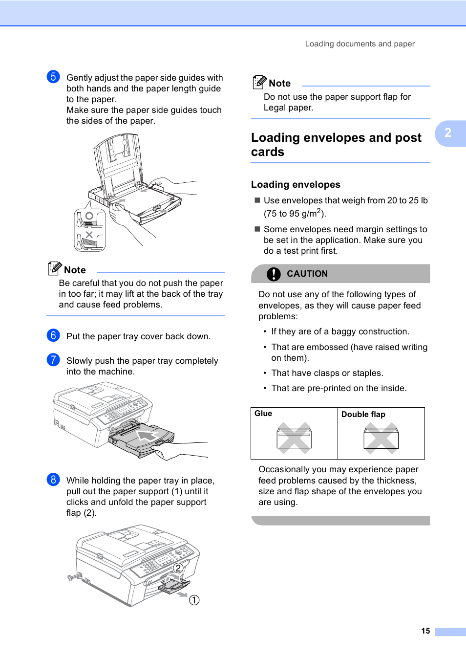 Loading envelopes and post cards, Loading envelopes | Brother MFC-240C User Manual | Page 30 / 149