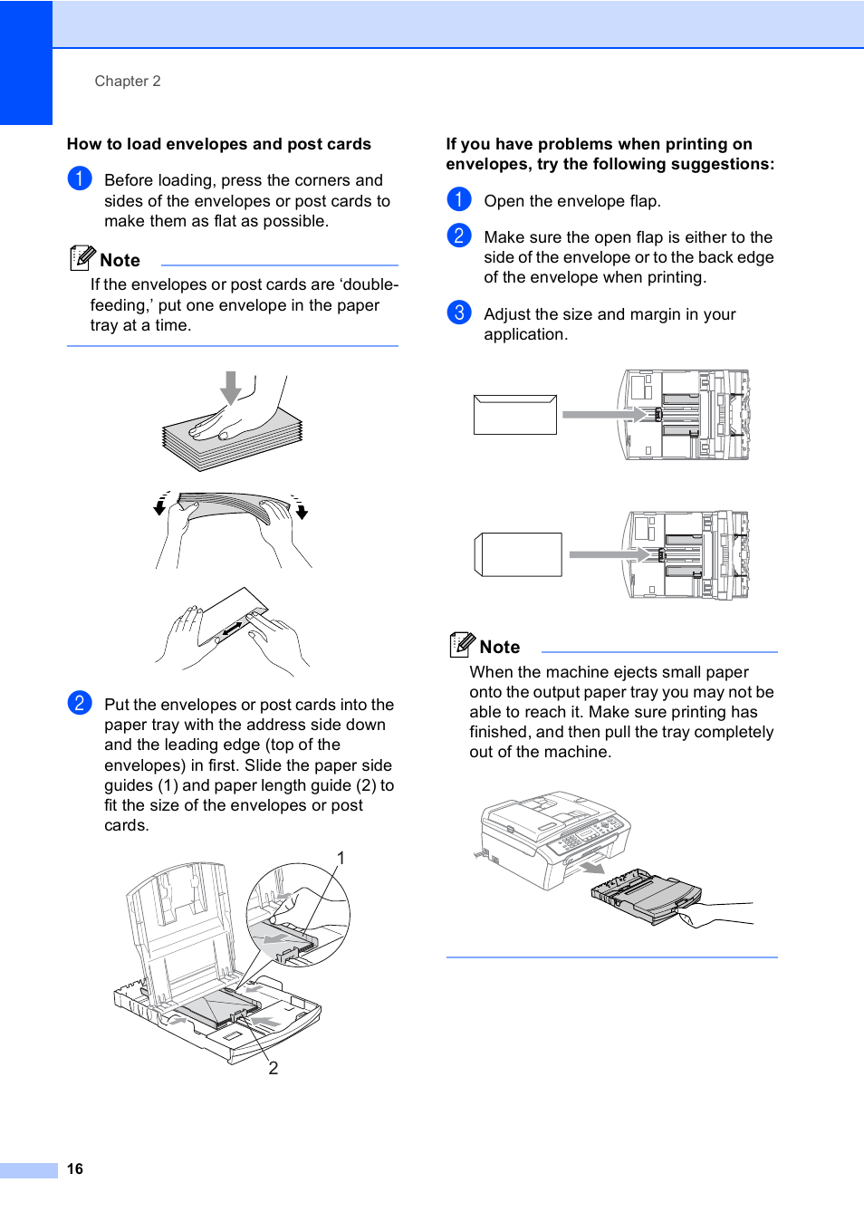 How to load envelopes and post cards, Open the envelope flap, Adjust the size and margin in your application | Brother MFC-240C User Manual | Page 31 / 149