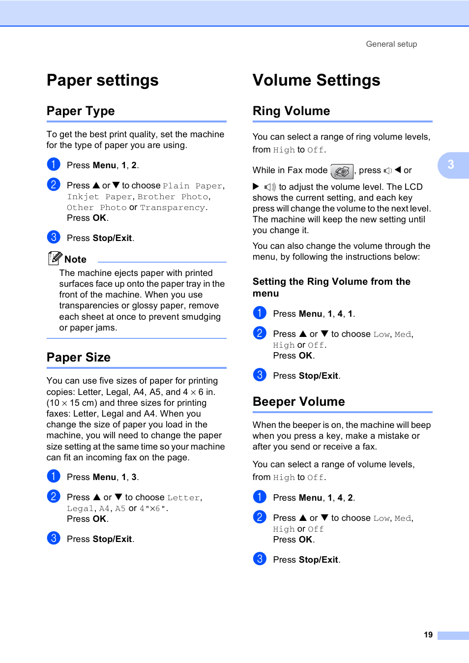 Paper settings, Paper type, Paper size | Volume settings, Ring volume, Setting the ring volume from the menu, Beeper volume, Paper type paper size, Ring volume beeper volume | Brother MFC-240C User Manual | Page 34 / 149