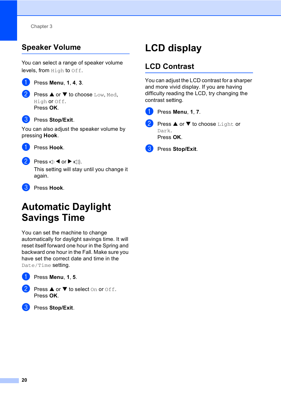 Speaker volume, Automatic daylight savings time, Lcd display | Lcd contrast, Automatic daylight savings time lcd display | Brother MFC-240C User Manual | Page 35 / 149